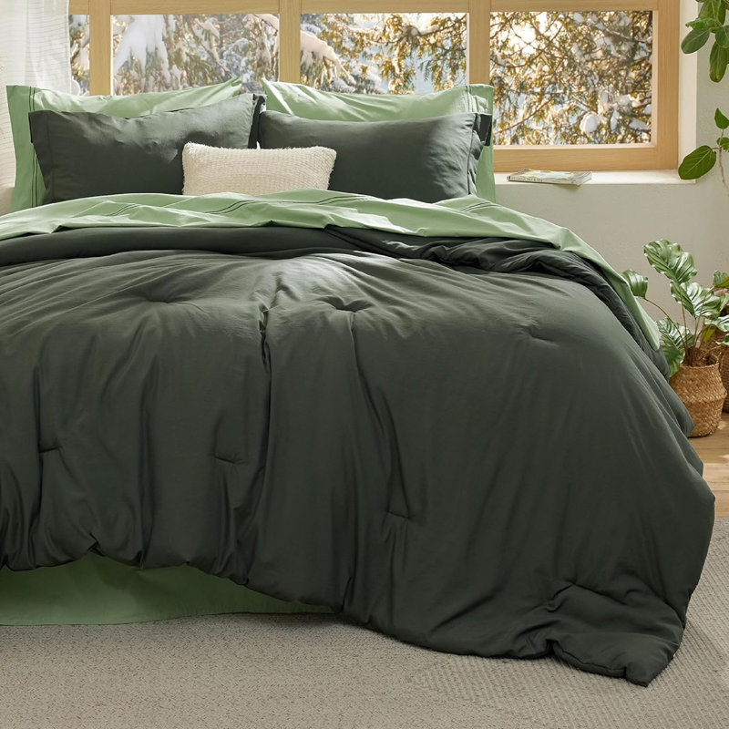 Ensembles d'édredon 100% coton, Édredon très grand + 2 taies décoratives + 2 ta, Vert olive