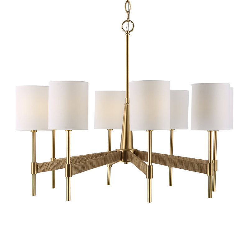 Warm Brass 8-Light Chandelier with White Linen Shades