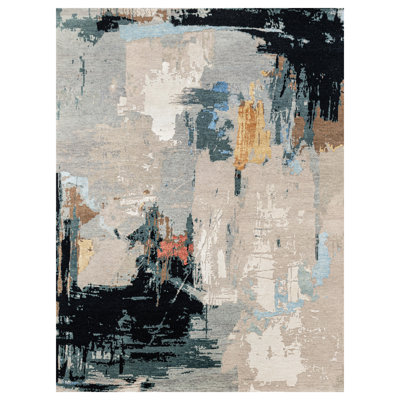 Hand Knotted Abstract Area Rug in Beige/Black/Blue
