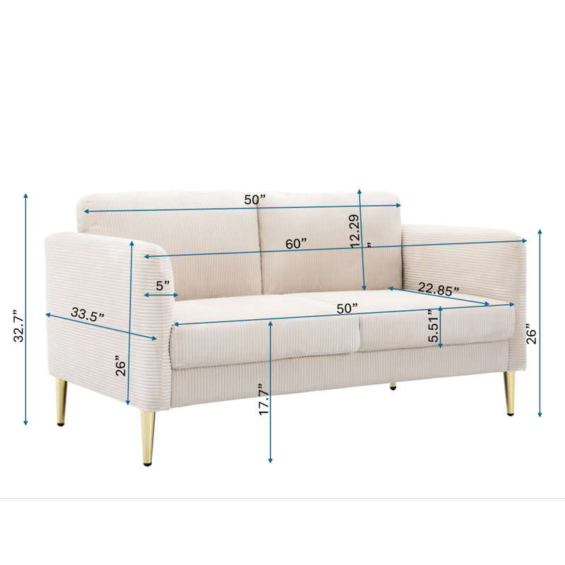 Velours côtelé moderne avec profondeur d'assise de 22,85 po et hauteur de 17,7 po, offrant un soutien ergonomique, pour les espaces de vie compacts, beige, d'une largeur de 59,1 po, avec des lignes épurées