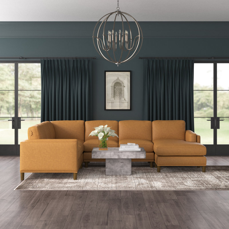 Canapé modulaire faisant face à la gauche de 122 po en cuir Andress, Cuir assorti gingembre, Noyer clair