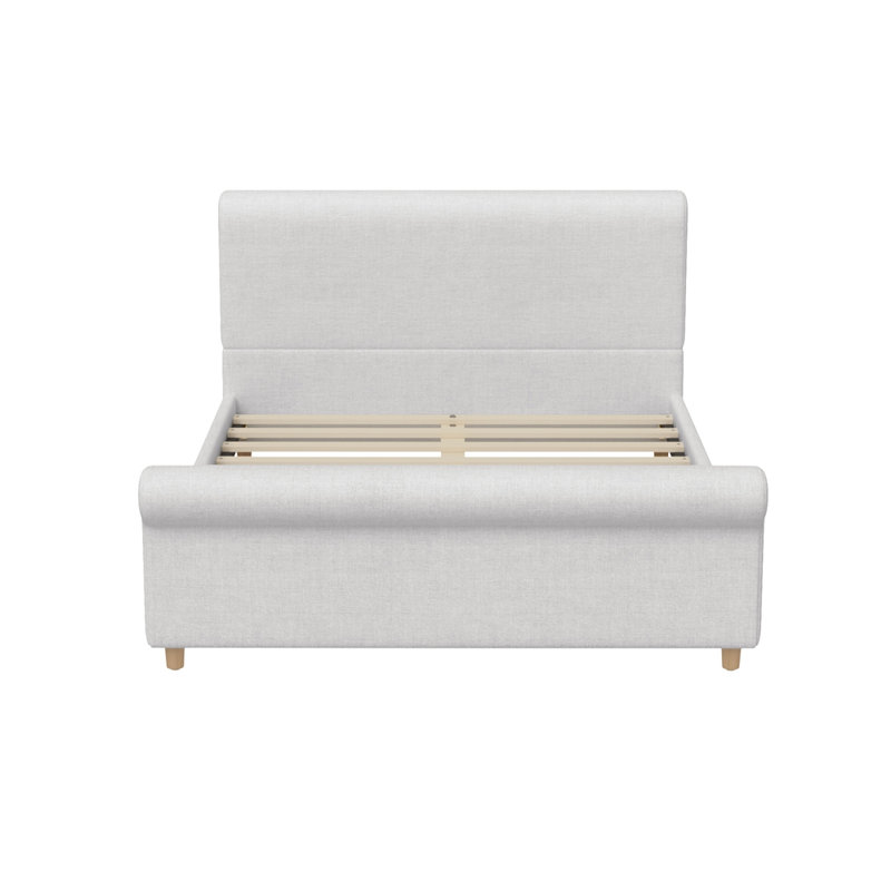 Base de lit tapissier grand format avec tête de lit haute et pied de lit roulé, cadre de lit plate-forme de lit-bateau avec pieds en bois massif et support de lattes, aucun sommier nécessaire, beige