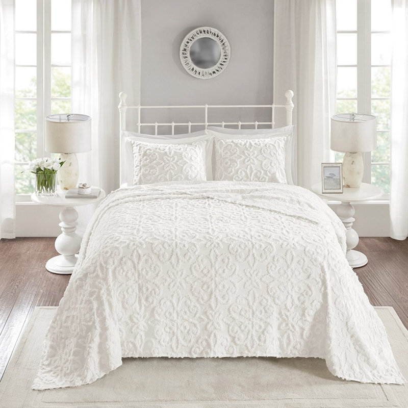 Couvre-lit en coton chenille - double / grand, 3 pièces, avec 2 taies décoratives, pour une pièce de chambre élégante, reposant