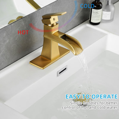 Robinet de salle de bain avec cascade, plaque de finition or brossé, bonde escamotable, conduites d'alimentation, une poignée, robustesse