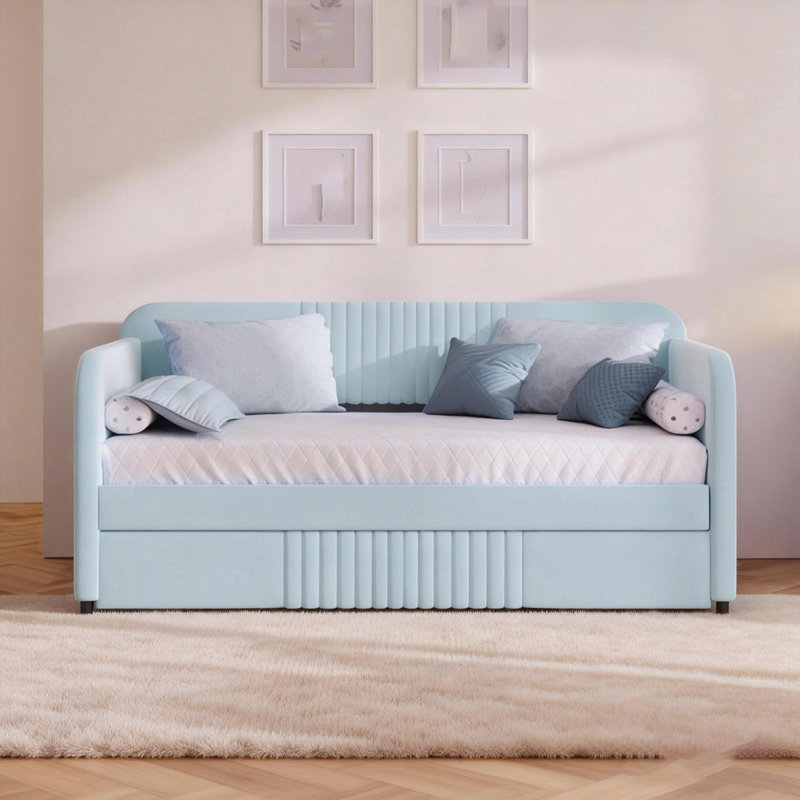 Elegant Velvet Upholstered Daybed Sofa Bed Twin Size With Trundle And Wood Slat, Perfect For Extra Sleeping Space And Small Rooms