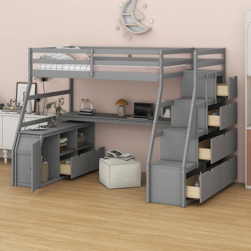Loft Bed With Drawers, Shelves And Desk, Gray