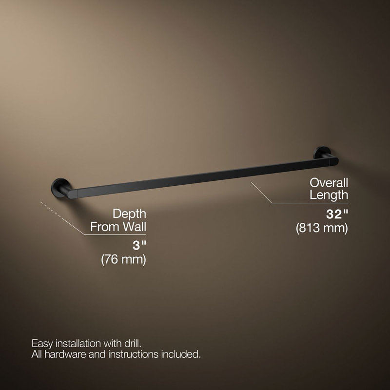 18" Wall Mounted Towel Bar, 30"W, Matte Black