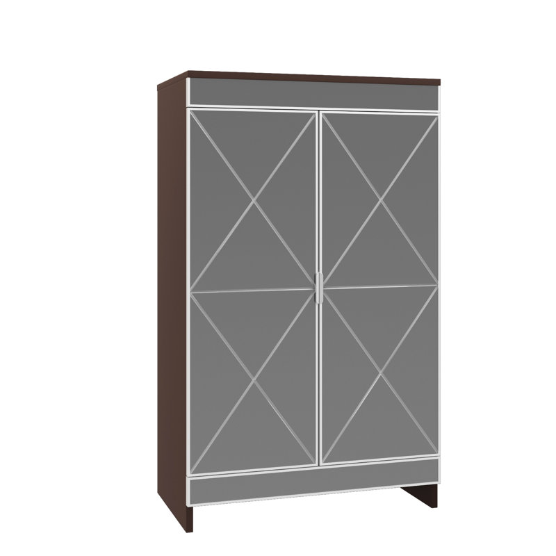 Armoire à chaussures moderne à deux portes avec miroir - couleur brune, verre givré, bordure argentée avec portes en verre avec poignées