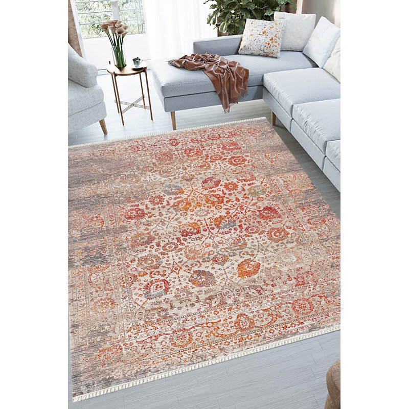 Tapis rectangulaire orange / gris en polyester tissé à la machine marocain, Rectangle 3 pi 11 po x 5 pi 11 po