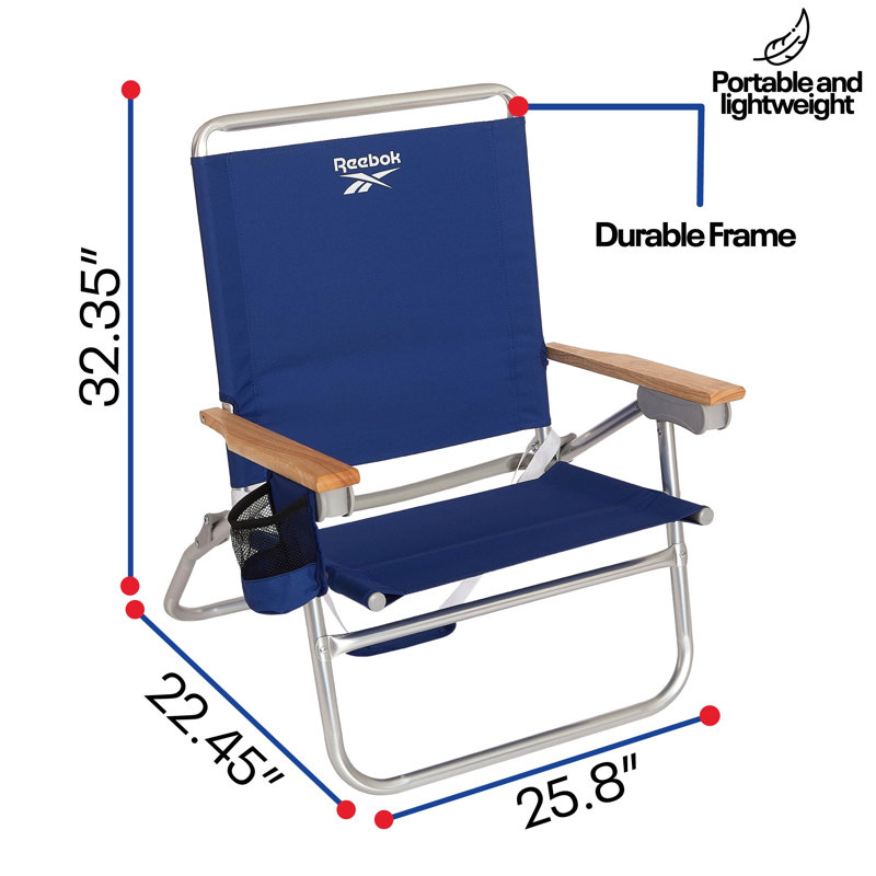  4-Position Reclining Beach Chair, Navy Folding Beach Chair with Wooden Armrests, Cup Holder & Storage Pocket, Portable Outdoor Chair