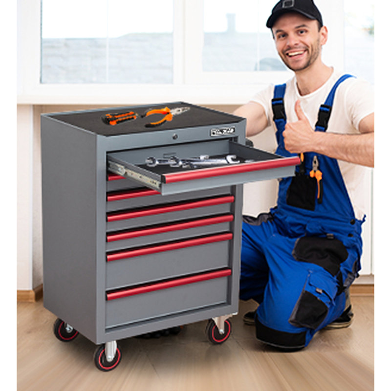 Boîte à outils roulante 26,7 pouces avec 7 tiroirs, conception en acier robuste, roues silencieuses et mécanisme de verrouillage, bleu + rouge, armoire à tiroir en carbone avec construction robuste, mouvement à 4 mouvements, système, gris-brun