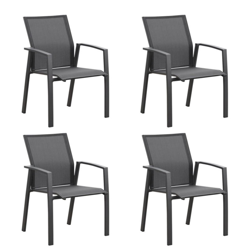 4 chaises grises, en aluminium, empilables, respirantes, sans installation, pour recevoir près de la piscine entièrement assemblées, sièges respirants, petits patios