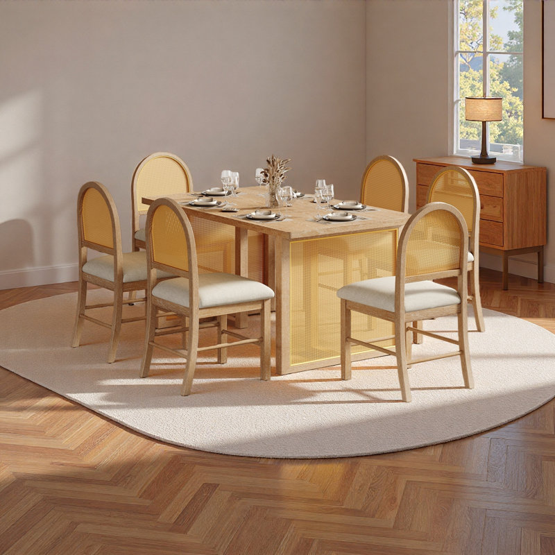 7-Piece Farmhouse Dining Table Set For 6 - 59.8" Rectangular Dining Table With Distressed Oak Veneer And 6 Rattan Chairs, Rustic Kitchen Furniture For Dining Room