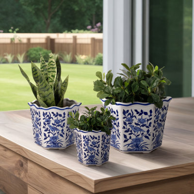 Bethony Decorative Stoneware Ceramic Planter Set with Intricate Detailing Durable Handmade Design Accent Containers for Indoor Outdoor Display Versatile Home Decor Plant Holders Set of 3