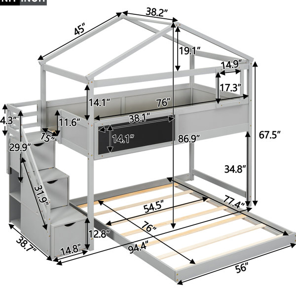 Latitude Run® Grey Twin Over Full Bunk Bed With Storage And Blackboard ...
