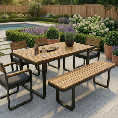 6-Piece Acacia Wood Outdoor Dining Set with 4 Cushioned Chairs and Bench, Patio Dining Table Set for 6