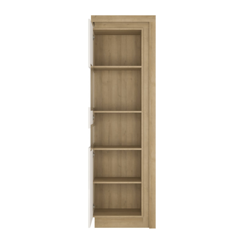 Blayze Narrow Tall Display Cabinet with Lighting, Riviera Oak/White High Gloss, Left Hand