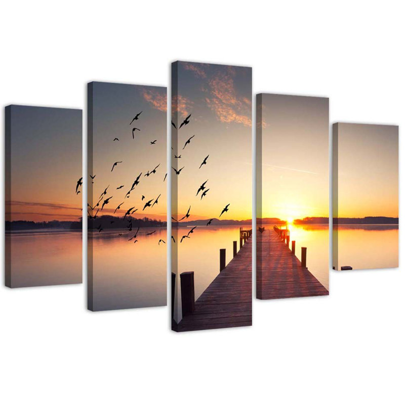 Jetty Birds At Sunset - 5 Piece Wrapped Canvas Set