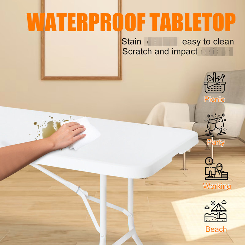 8ft Folding Table For Camping Adventures. Portable Plastic Picnics, Parties. Heavy-duty, Waterproof. High Load Capacity. White Experiences.