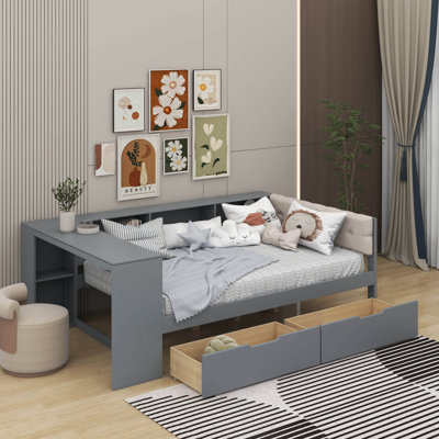 Wood Twin Size Platform Bed With Shelves, Drawers, Charging Station And Upholstered Headboard