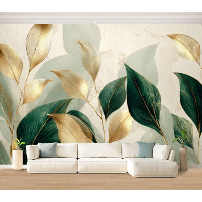 Wall Mural Peel and Stick Wallpaper Elegant Botanical Green Gold Leaves Beige Self-Adhesive Removable Contact Paper Wall Decor for Living Room Bedroom 100"H x 144"W