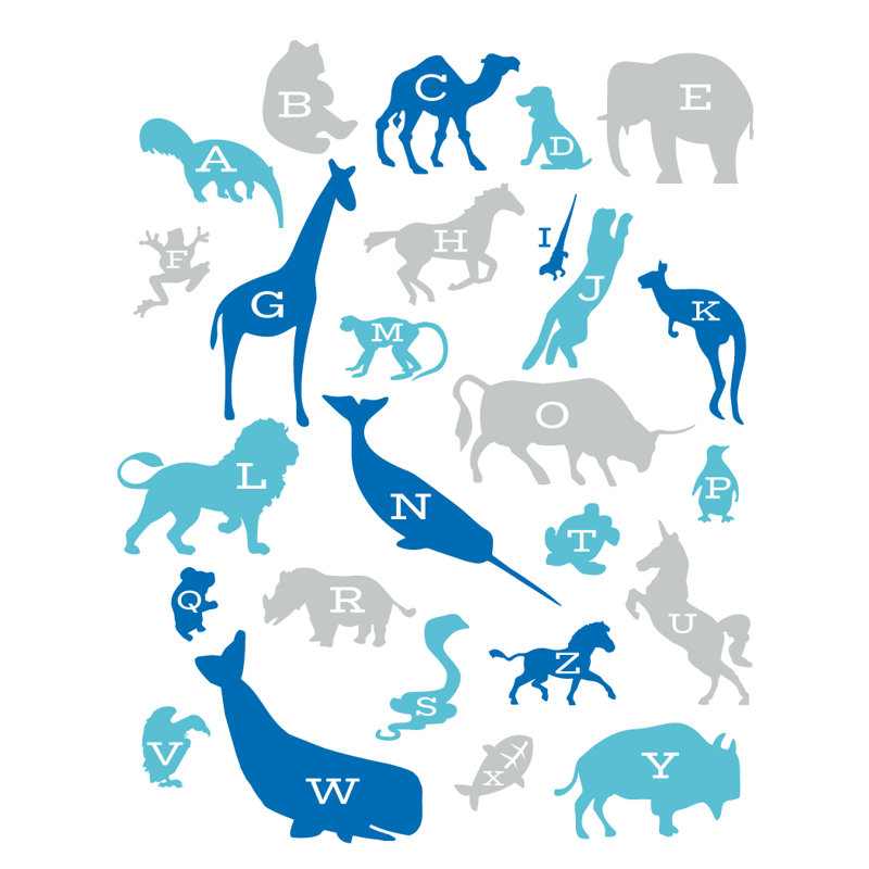 Décalcomanie murale alphabet animaux, Gris / Bleu, H 45 po x l 35 po x P 0,01 po