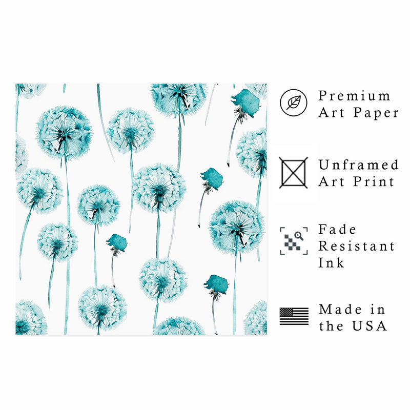 «Botanical Turquoise Teal Dandelions», reproduction d'art moderne sans cadre, H 16 po x l 16 po