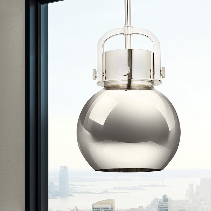 Luminaire suspendu en forme de sphère en métal 1 lumière Amrith, H 21,38 po x l 16 po x P 16 po, Nickel poli, Nickel poli