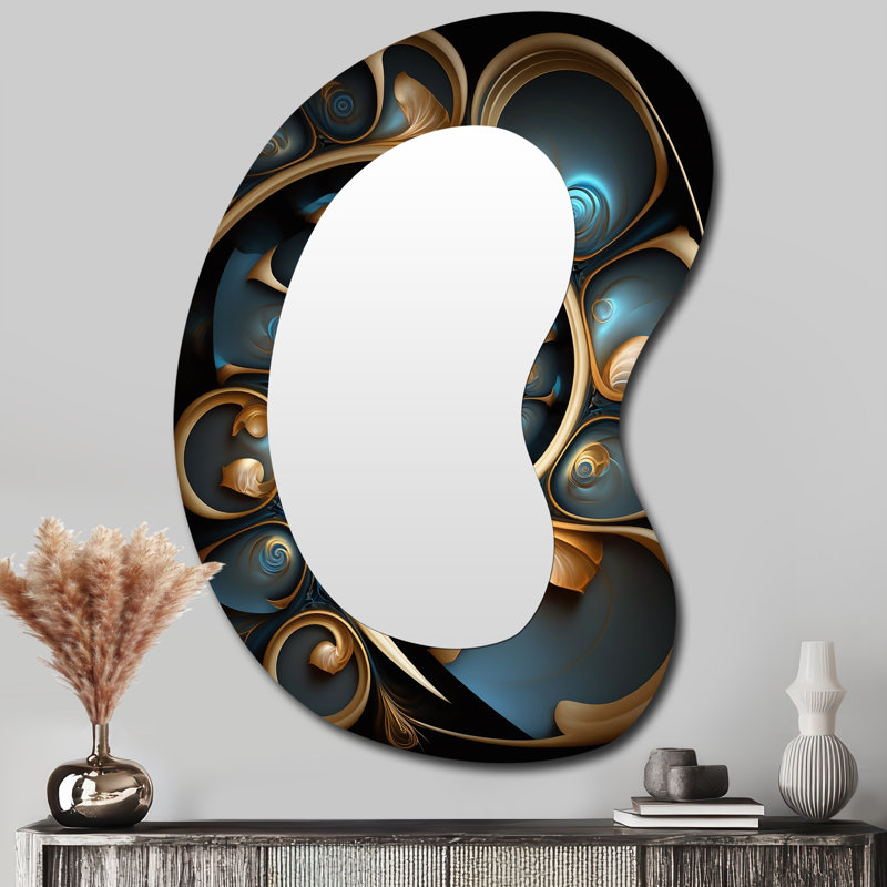 Fraydoun Fractal Flower In Retro Gold And Dark Teal V - Fractals Irregular Shape Decorative Mirror, Modern Asymmetrical Large Wall Mirror, Printed Metal Art