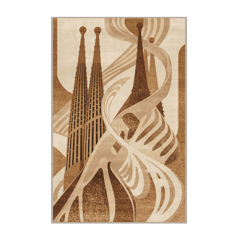 Machine Washable Pandelica Barcelona Sagrada Familia Modern & Contemporary Abstract Rug in Beige – Beige Binding, 3x5