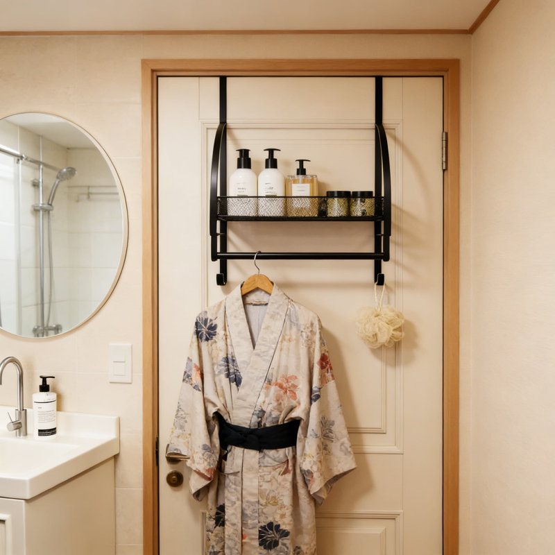 Over The Door Hanger With Storage Basket And Hooks, Sturdy Drying Rack And Organizer For Towels, Coats, And Clothes, Space-Saving Solution For Bathroom, Laundry, And Dorm Rooms