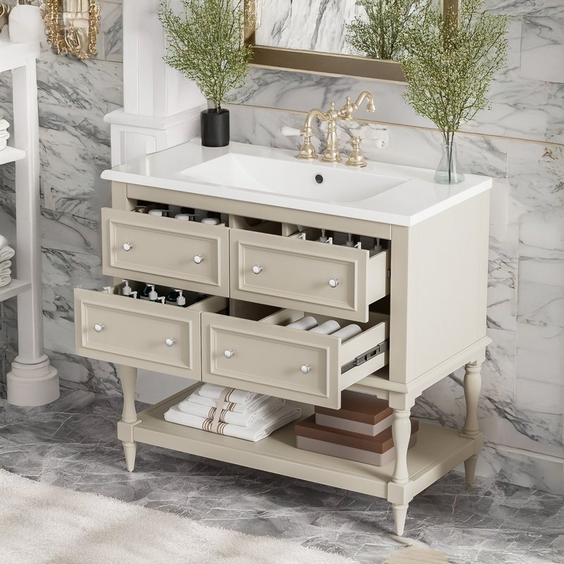 Ensemble de meuble-lavabo 4 tiroirs pour salle de bain avec lavabo, Beige