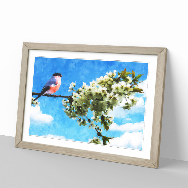 Bullfinch Bird on a Tree - Picture Frame Painting, Oak Framed, 36cm H x 48cm W x 2cm D