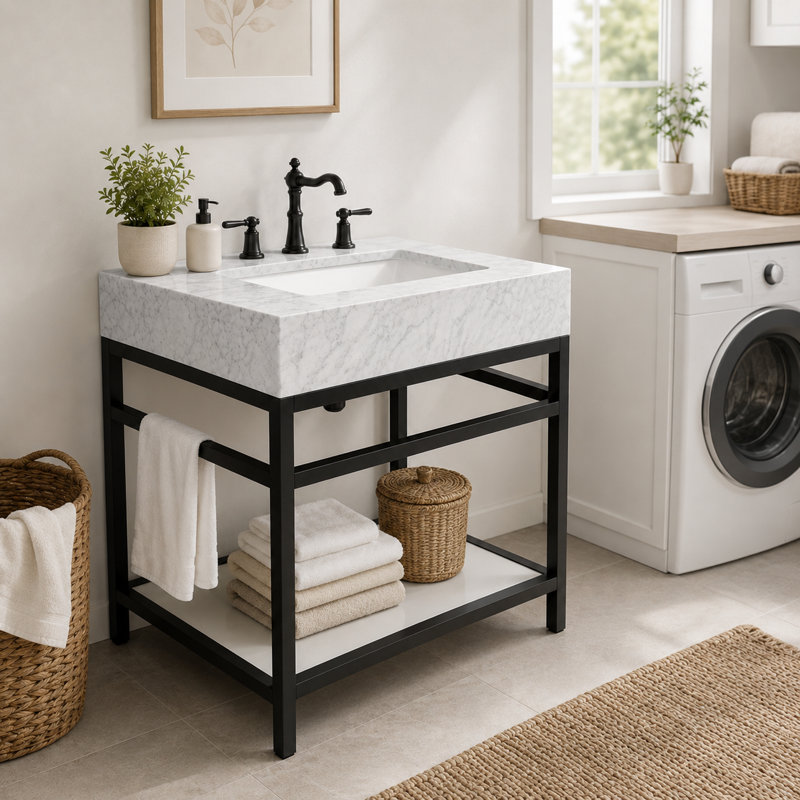 Meuble-lavabo en marbre de Carrare de 61 cm avec lavabo, console en acier inoxydable et tablette de rangement en verre, Noir