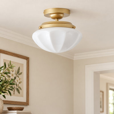 Plafonnier semi-encastré moderne, 25 cm (9,84 po), doré, avec abat-jour en verre blanc, intensité variable, culot E26, idéal pour couloir, chambre ou entrée, certifié ETL, 120 V, garantie d'un an (ampoule non incluse).