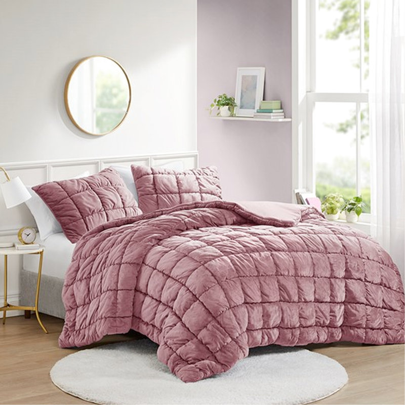 Édredon simple en rose, housse en velours avec doublure en microfibre, bourre en duvet synthétique, surpiqûres 3D, boîte, lavable à la machine 2 pièces, envers, rembourrage, couture, superbe et chaud, rose