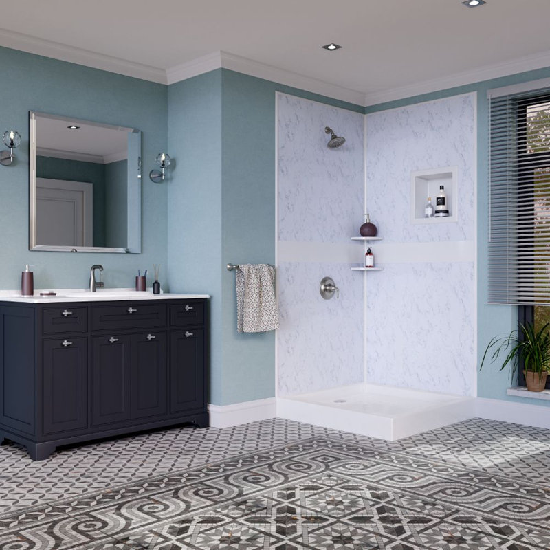 Bella CORE 2 Wall Tub and Shower Surround with Katrina Design Strip up to 48Dx48Wx102H, White Carrara/White