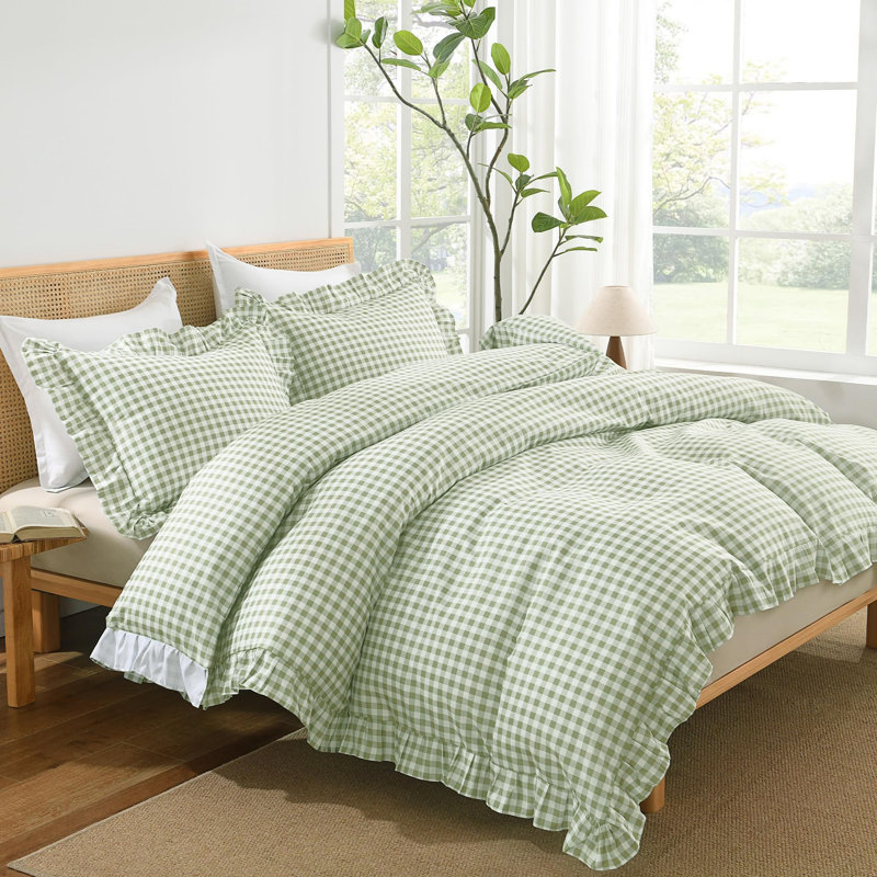 Housse de couette en vichy Andency pour très grand lit, housse de couette Sage Ruffle Farmhouse, ensemble de housse de couette en microfibre pré-lavée 3 pièces avec fermeture à glissière et attaches d'angle, 104 x 90 po