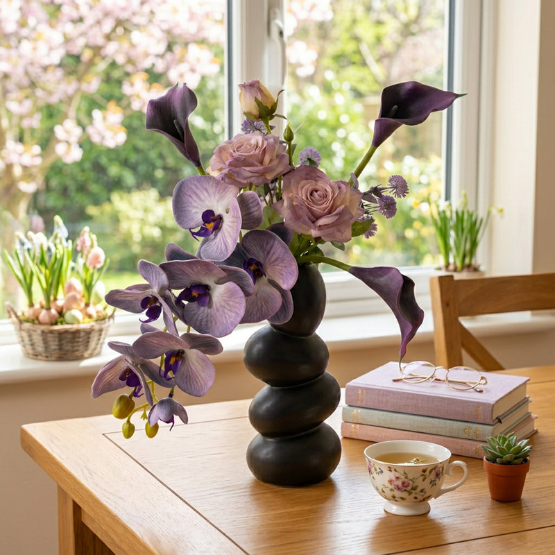 Fleurs artificielles mauves rétro dans un vase