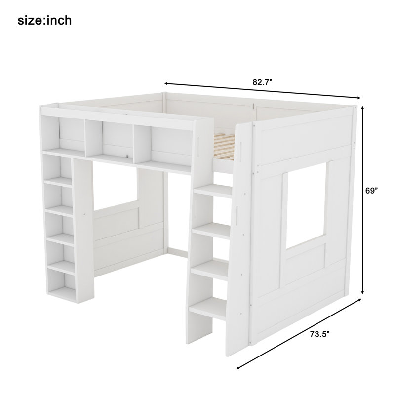 Lit mezzanine grand blanc avec garde-robe d'escalier et tablettes de rangement, structure de lit en bois peu encombrante