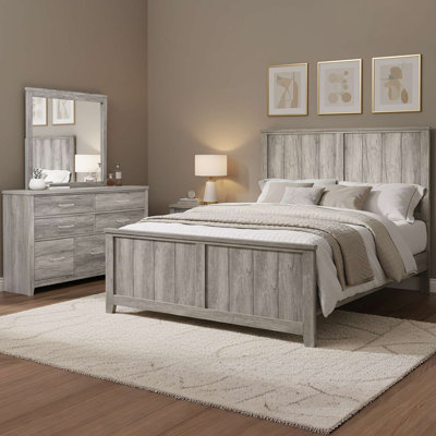 Ensemble de chambre à coucher grand lit 3 pièces avec lit en bois gris vieilli, commode avec tiroirs et miroir encadré