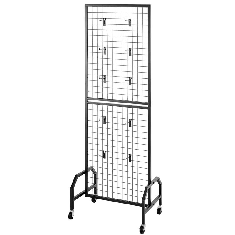 Support d'affichage mural Grid - Acier au carbone noir mobile avec roues et crochets, multifonctionnel pour matériel de décoration