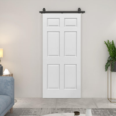 36 in. x 84 in. 6 Panel Hollow Core Primed MDF Composite Bi-Fold Barn Door with Sliding Hardware Kit