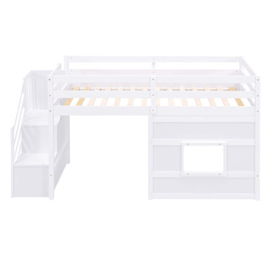 Lit mezzanine simple avec escalier de rangement et fenêtre, blanc
