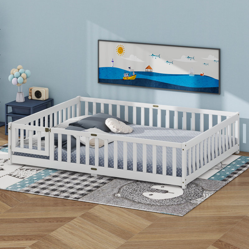 Queen Floor Bed With Safety Guardrails, White