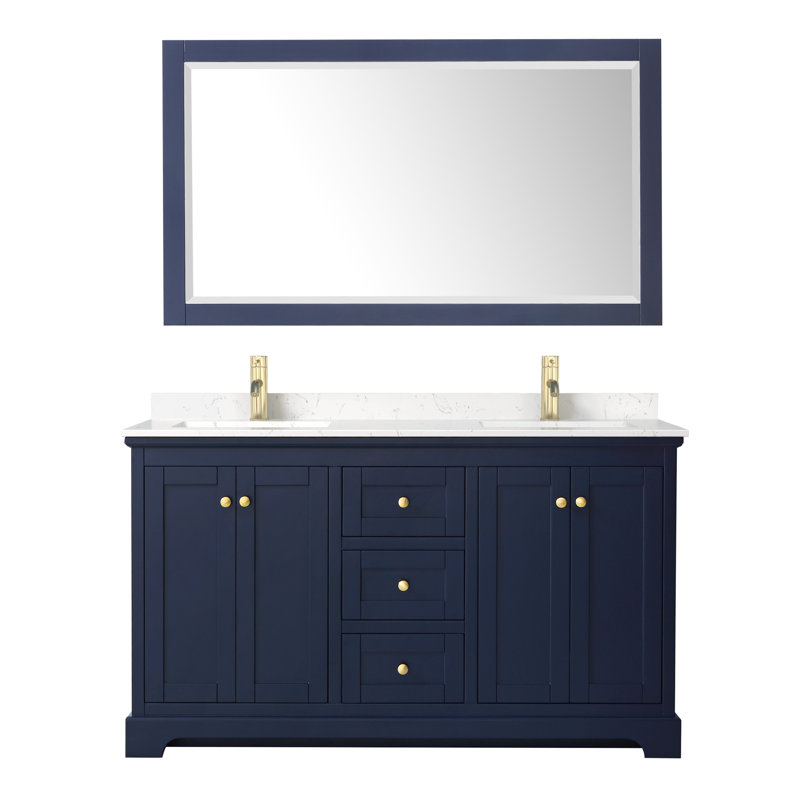 Avery 60'' Double Bathroom Vanity with Marble Top with Mirror, Carrara Cultured Marble, Dark Blue, Brushed Gold