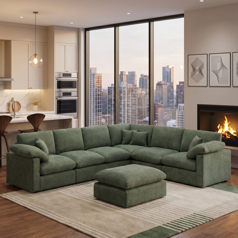 7-Piece Chenille Cloud Sectional Couches, Oversized Corner Sectional Sofa, Green, 144" W x 110" D x 34.5"H, Green