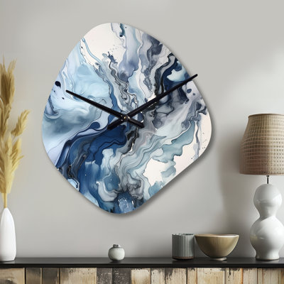 Blue and Grey Ethereal Elixir II - Abstract Asymmetrical Metal Wall Clock, Blue Freeform Wall Clock Print