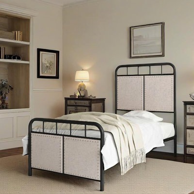 Linen Upholstered Platform Metal Bed Frame With Fabric Headboard And Footboard