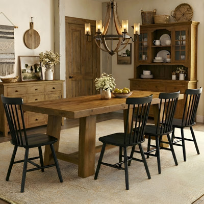 Solid Wood Dining Table Set, Rectangular Distressed Pine Dining Table And Slat Back Windsor Dining Chairs For Kitchen/Dining Room